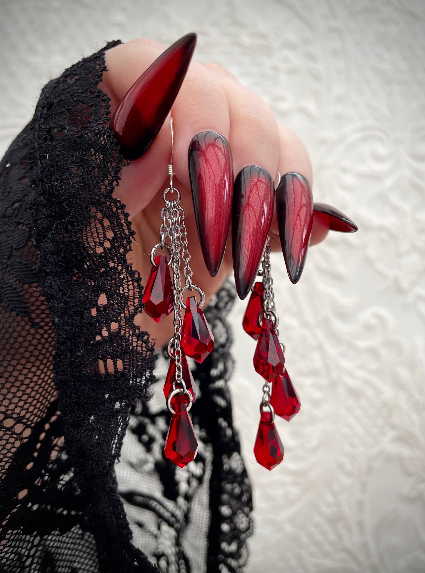 'Bloodlust' Earrings - Red Droplet Earrings - Silver