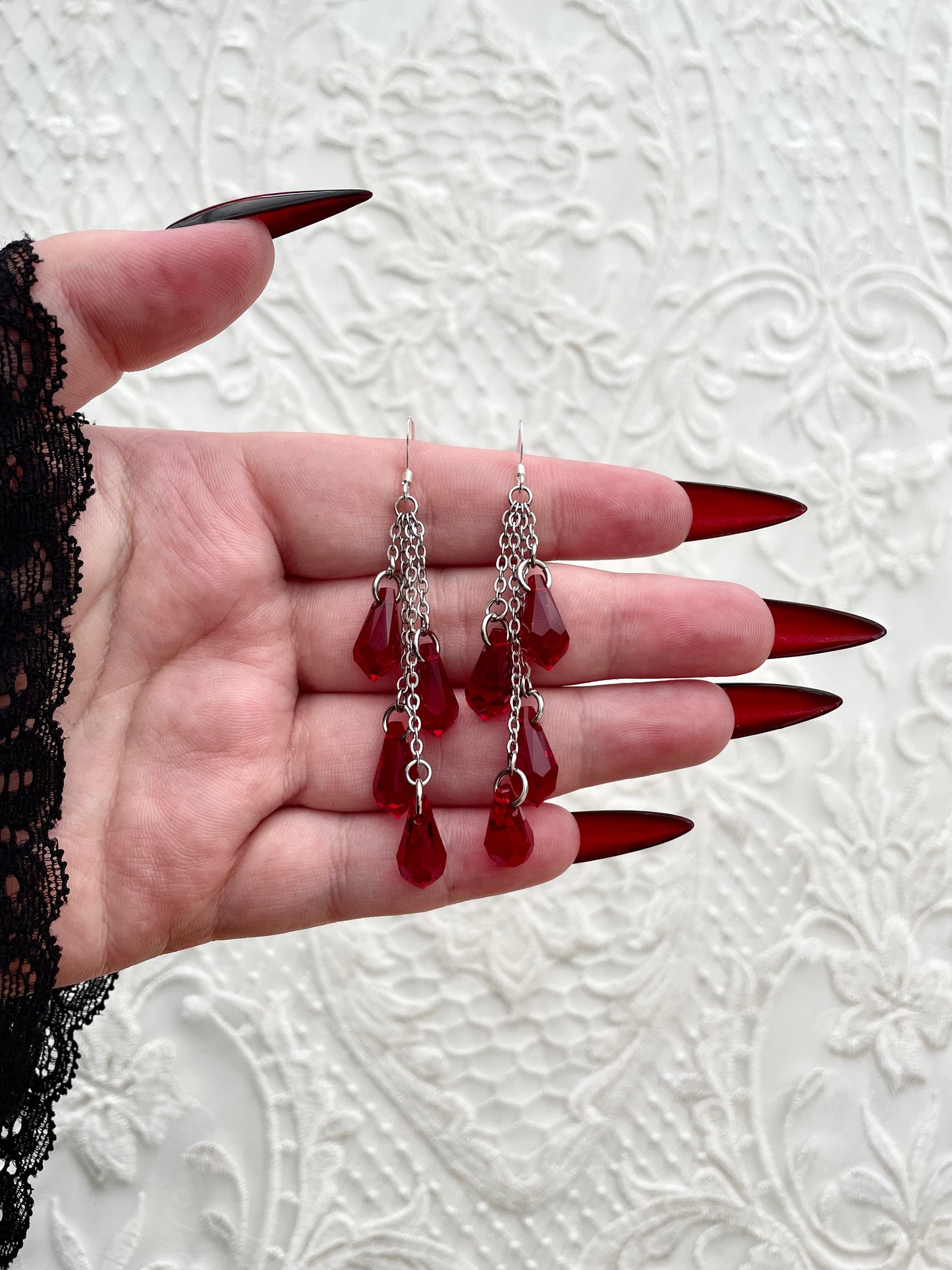 'Bloodlust' Earrings - Red Droplet Earrings - Silver