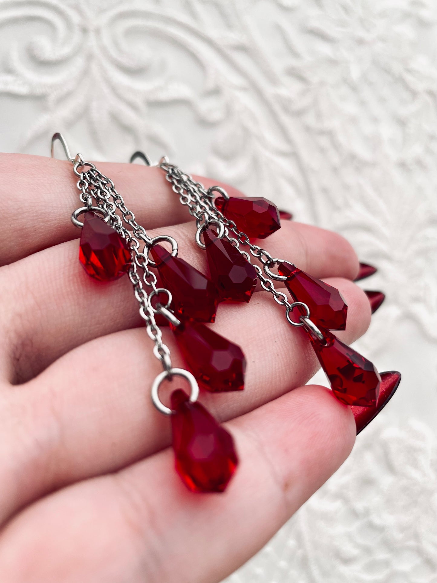 'Bloodlust' Earrings - Red Droplet Earrings - Silver