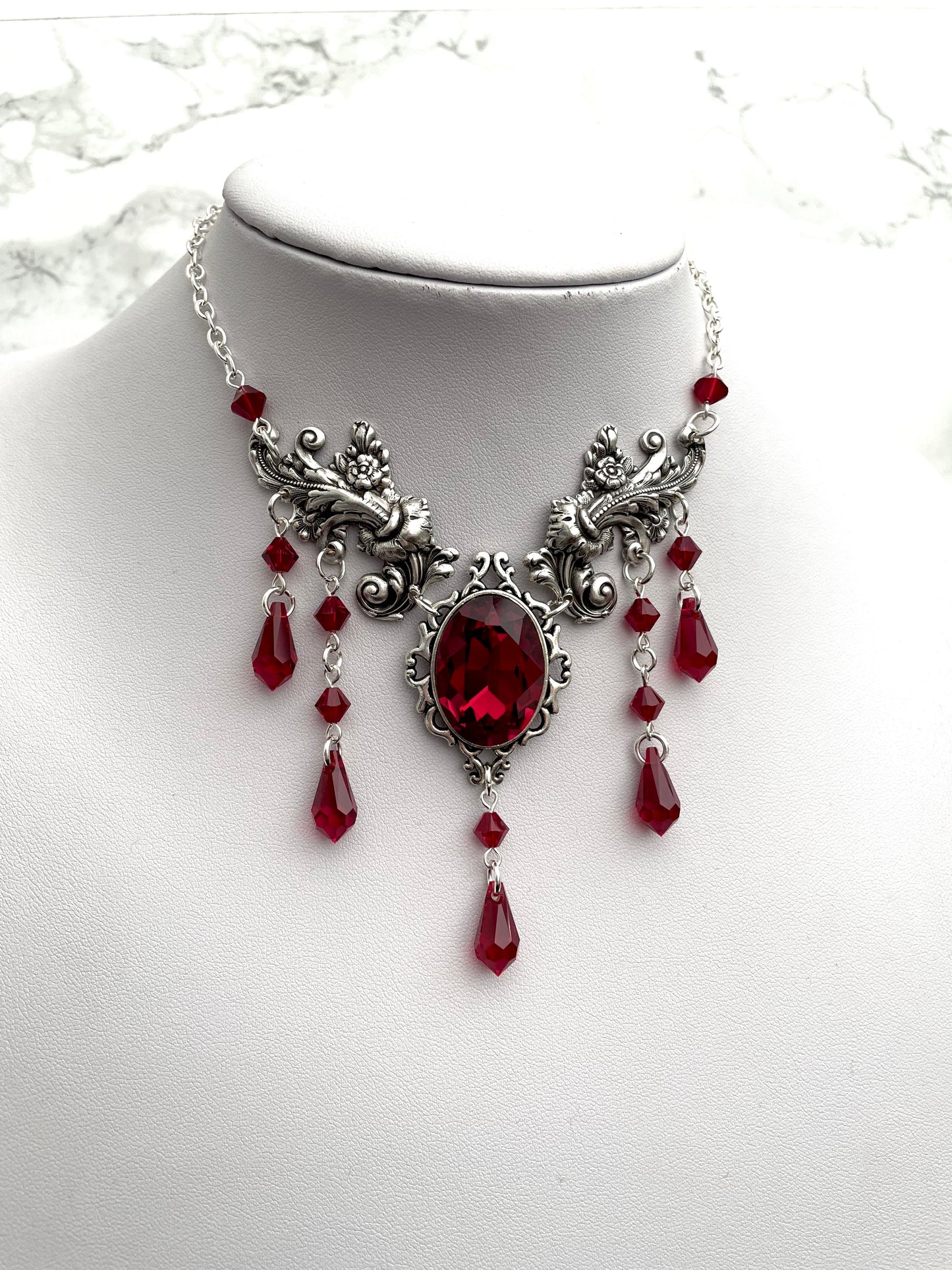 Gothic drop necklace, red drop necklace, necklace with red drops, silver necklace with drops, gothic necklace, goth necklace, goth jewellery, goth jewelry, vampire necklace, vampire choker, vampire drop necklace, blood drop necklace, blood drop choker, bl