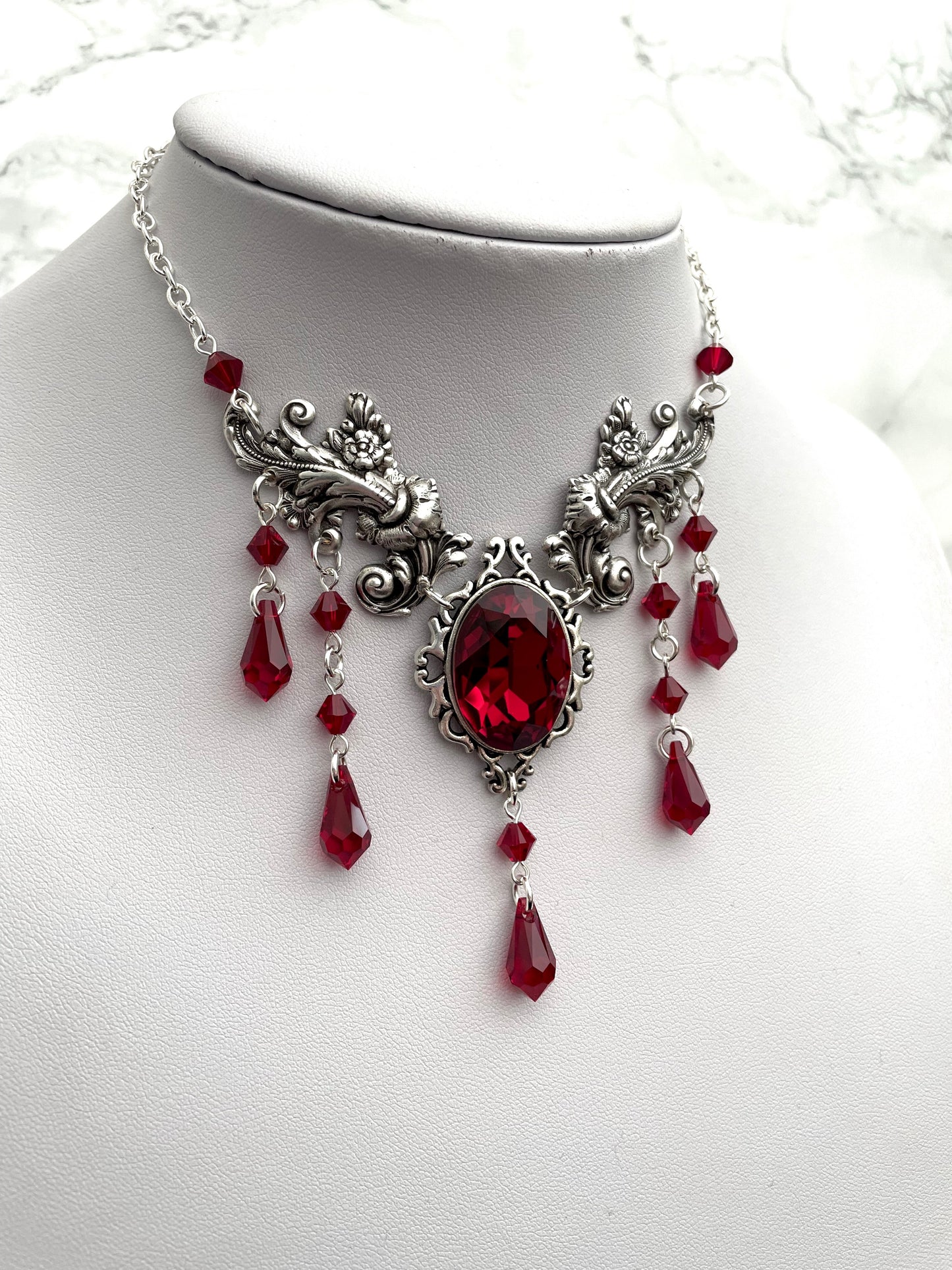 Gothic drop necklace, red drop necklace, necklace with red drops, silver necklace with drops, gothic necklace, goth necklace, goth jewellery, goth jewelry, vampire necklace, vampire choker, vampire drop necklace, blood drop necklace, blood drop choker, bl