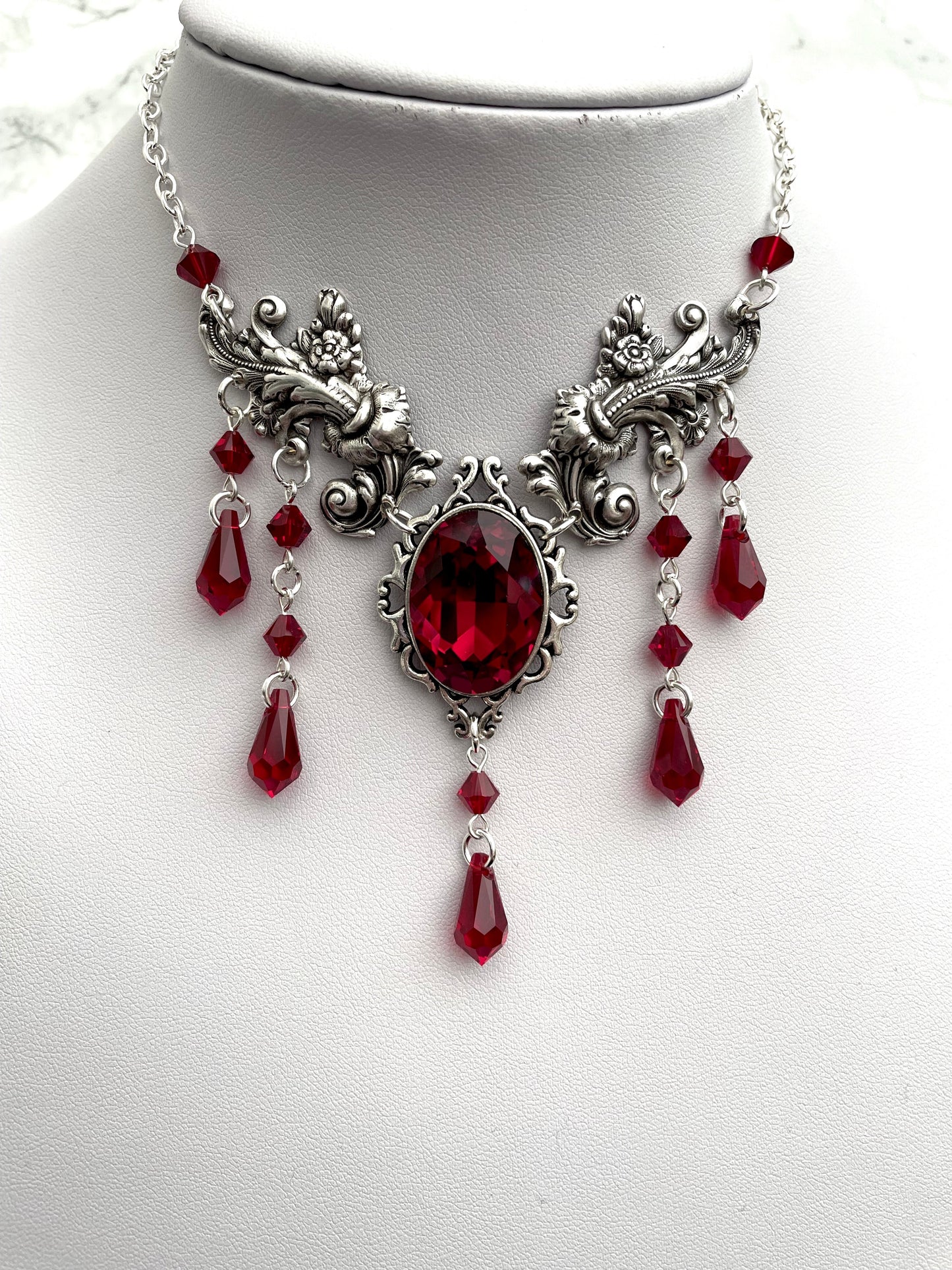 Gothic drop necklace, red drop necklace, necklace with red drops, silver necklace with drops, gothic necklace, goth necklace, goth jewellery, goth jewelry, vampire necklace, vampire choker, vampire drop necklace, blood drop necklace, blood drop choker, bl