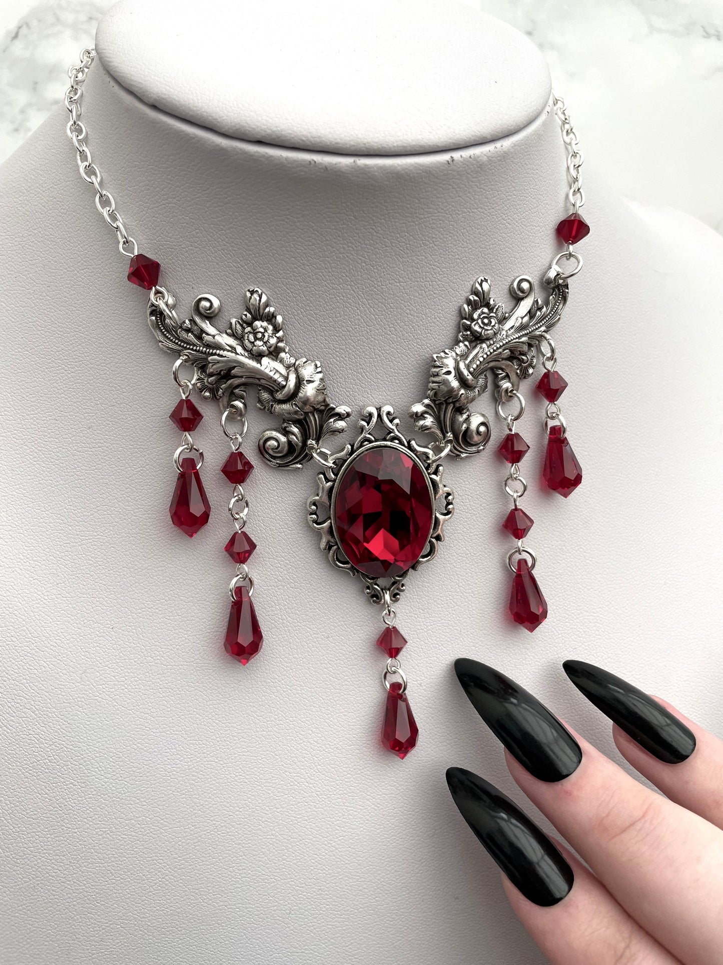 Gothic drop necklace, red drop necklace, necklace with red drops, silver necklace with drops, gothic necklace, goth necklace, goth jewellery, goth jewelry, vampire necklace, vampire choker, vampire drop necklace, blood drop necklace, blood drop choker, bl