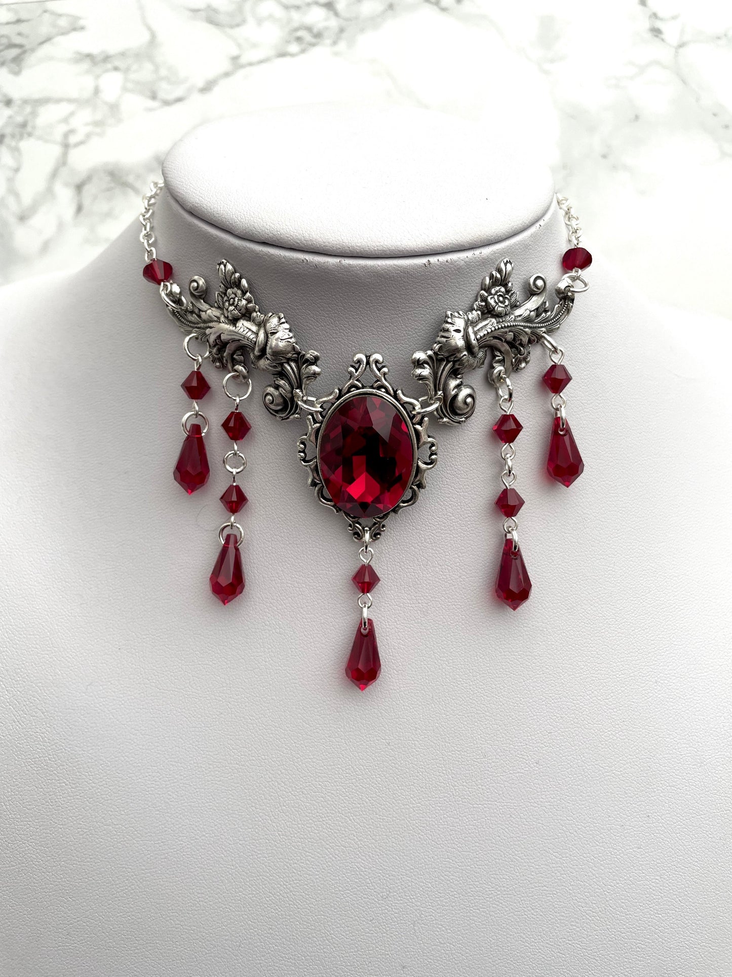 Gothic drop necklace, red drop necklace, necklace with red drops, silver necklace with drops, gothic necklace, goth necklace, goth jewellery, goth jewelry, vampire necklace, vampire choker, vampire drop necklace, blood drop necklace, blood drop choker, bl