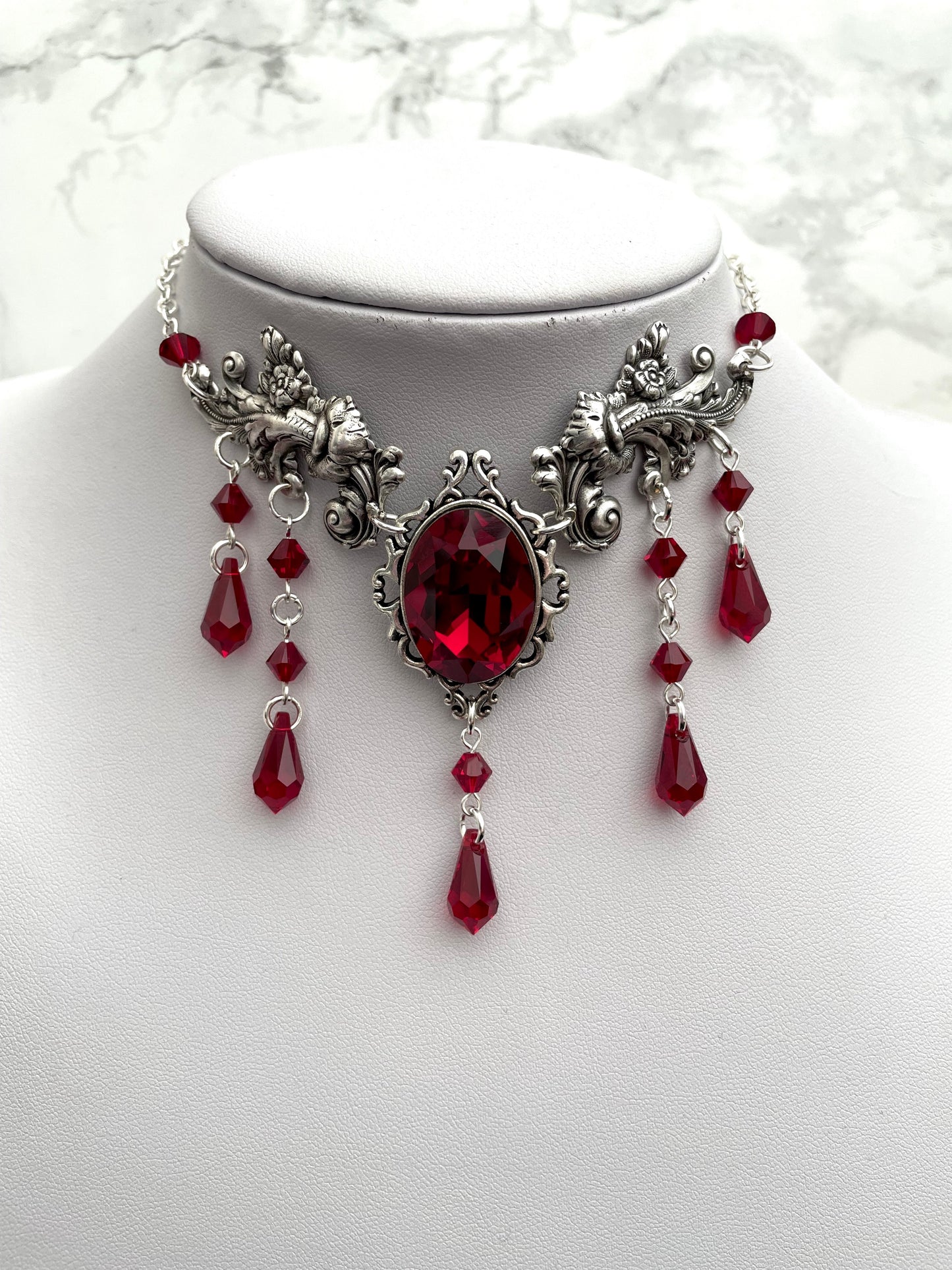Gothic drop necklace, red drop necklace, necklace with red drops, silver necklace with drops, gothic necklace, goth necklace, goth jewellery, goth jewelry, vampire necklace, vampire choker, vampire drop necklace, blood drop necklace, blood drop choker, bl