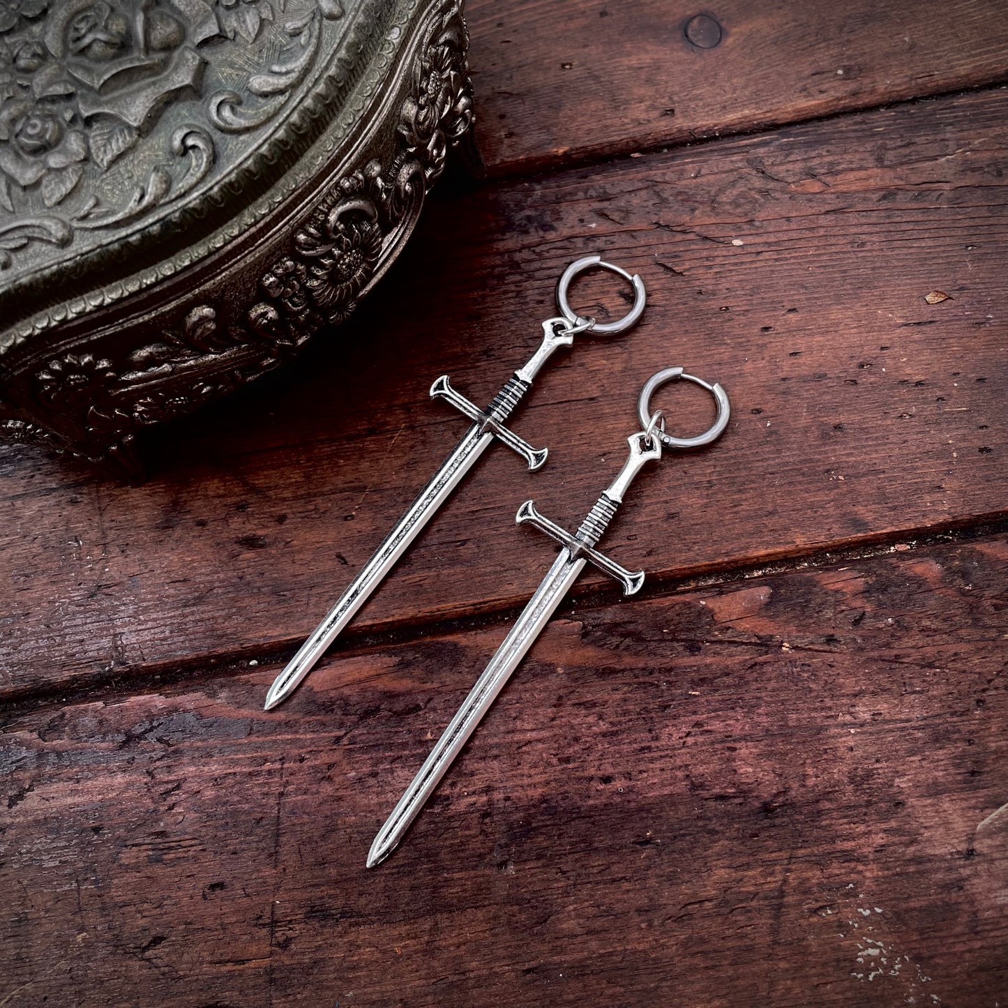 CLEARANCE! Silver Tone Sword Earrings
