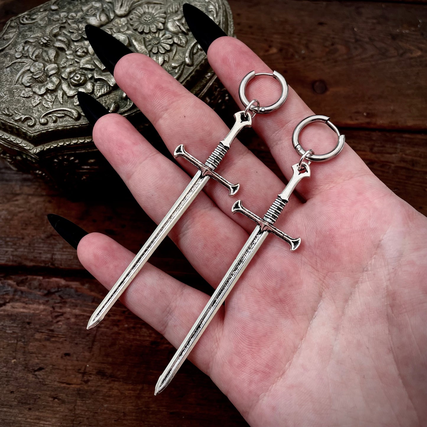 CLEARANCE! Silver Tone Sword Earrings