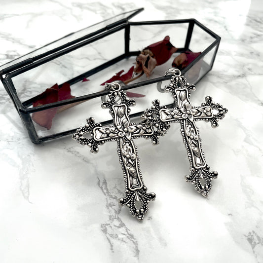 CLEARANCE! 'Last Rites' - Large Cross Earrings - Silver