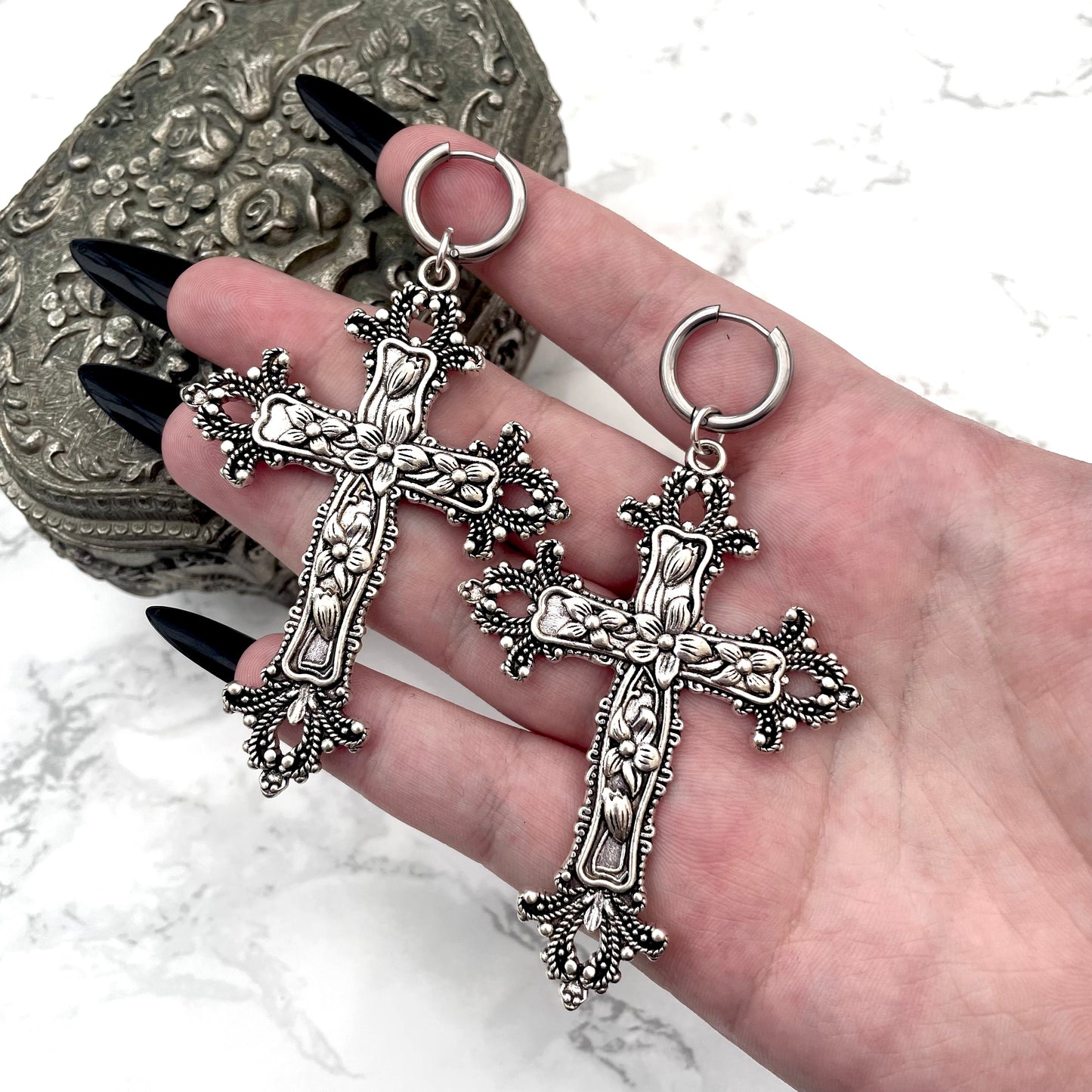 CLEARANCE! 'Last Rites' - Large Cross Earrings - Silver