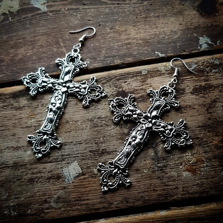 CLEARANCE! 'Last Rites' - Large Cross Earrings - Silver