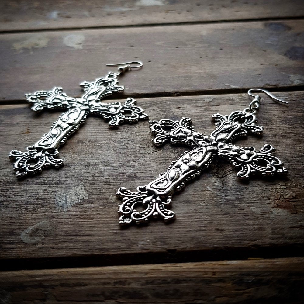 CLEARANCE! 'Last Rites' - Large Cross Earrings - Silver