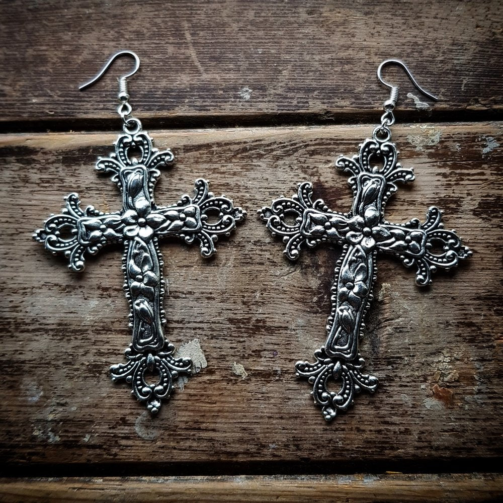 CLEARANCE! 'Last Rites' - Large Cross Earrings - Silver