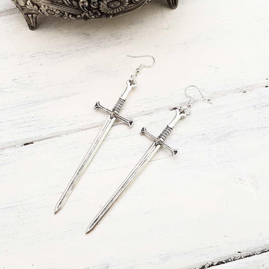 CLEARANCE! Silver Tone Sword Earrings
