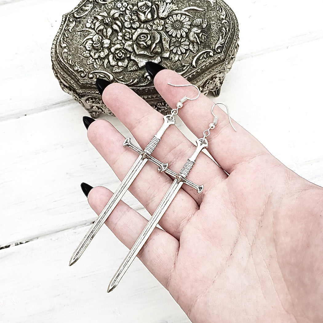 CLEARANCE! Silver Tone Sword Earrings
