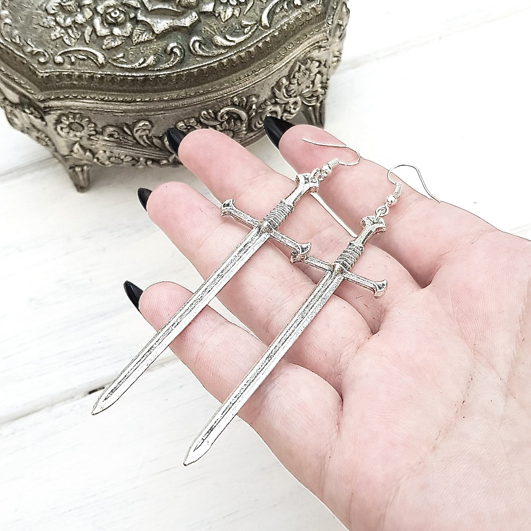 CLEARANCE! Silver Tone Sword Earrings