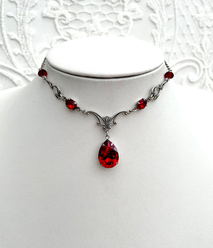 'Vesper' Necklace - Red Glass Drop Necklace - Silver