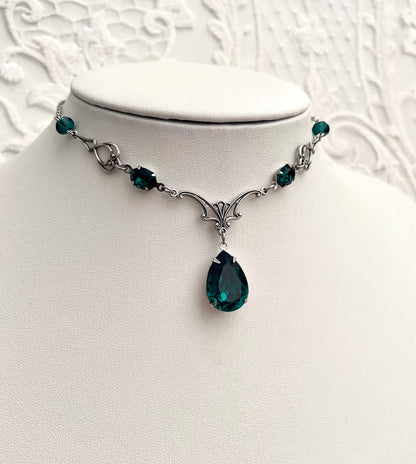 'Vesper' Necklace - Emerald Green Glass Drop Necklace - Silver