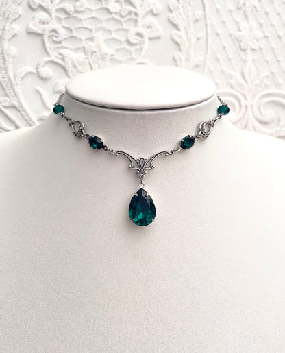 'Vesper' Necklace - Emerald Green Glass Drop Necklace - Silver