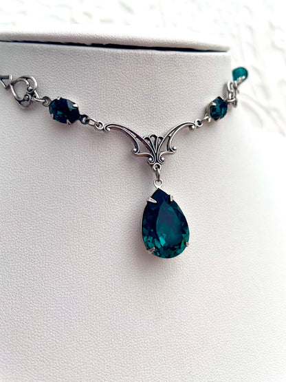 'Vesper' Necklace - Emerald Green Glass Drop Necklace - Silver