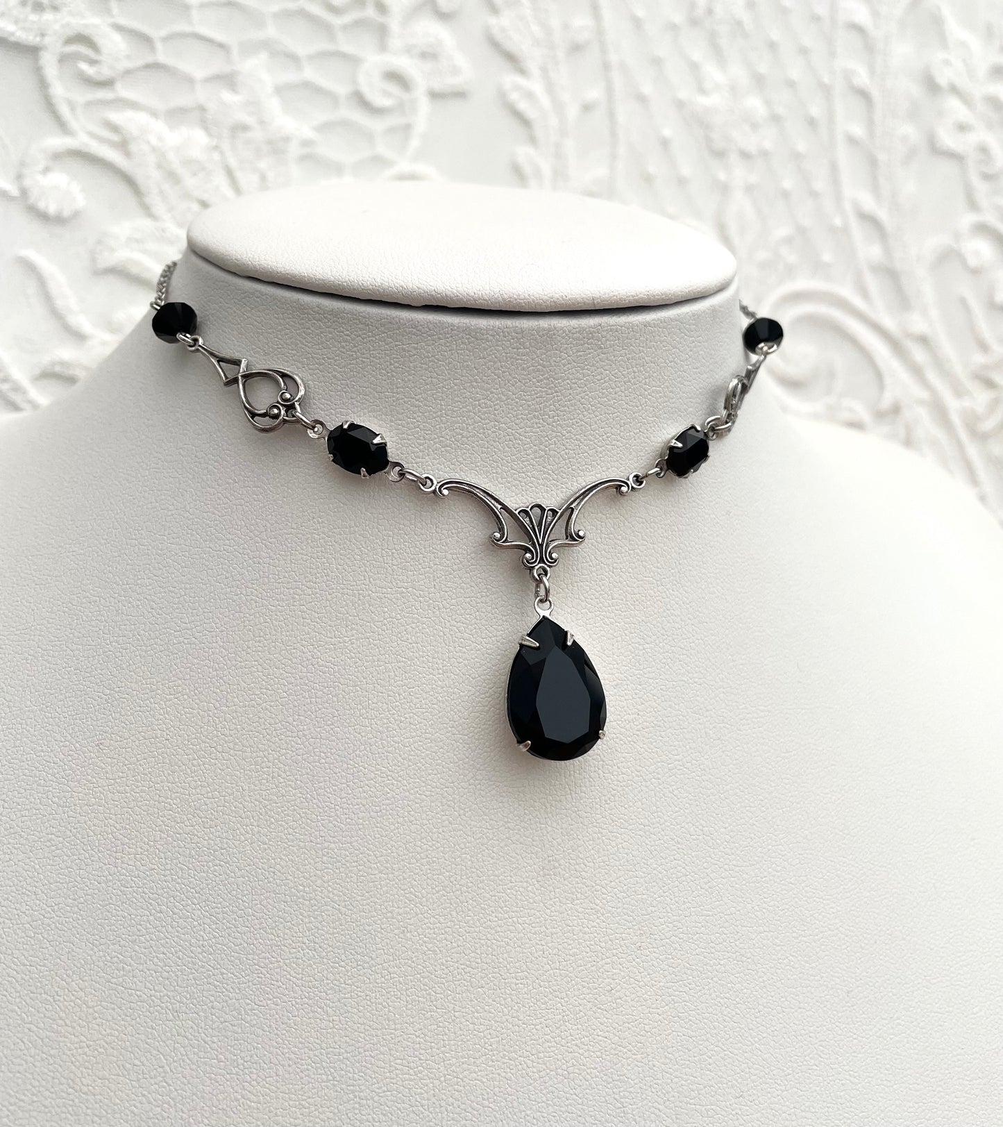 'Vesper' Necklace - Black Glass Drop Necklace - Silver