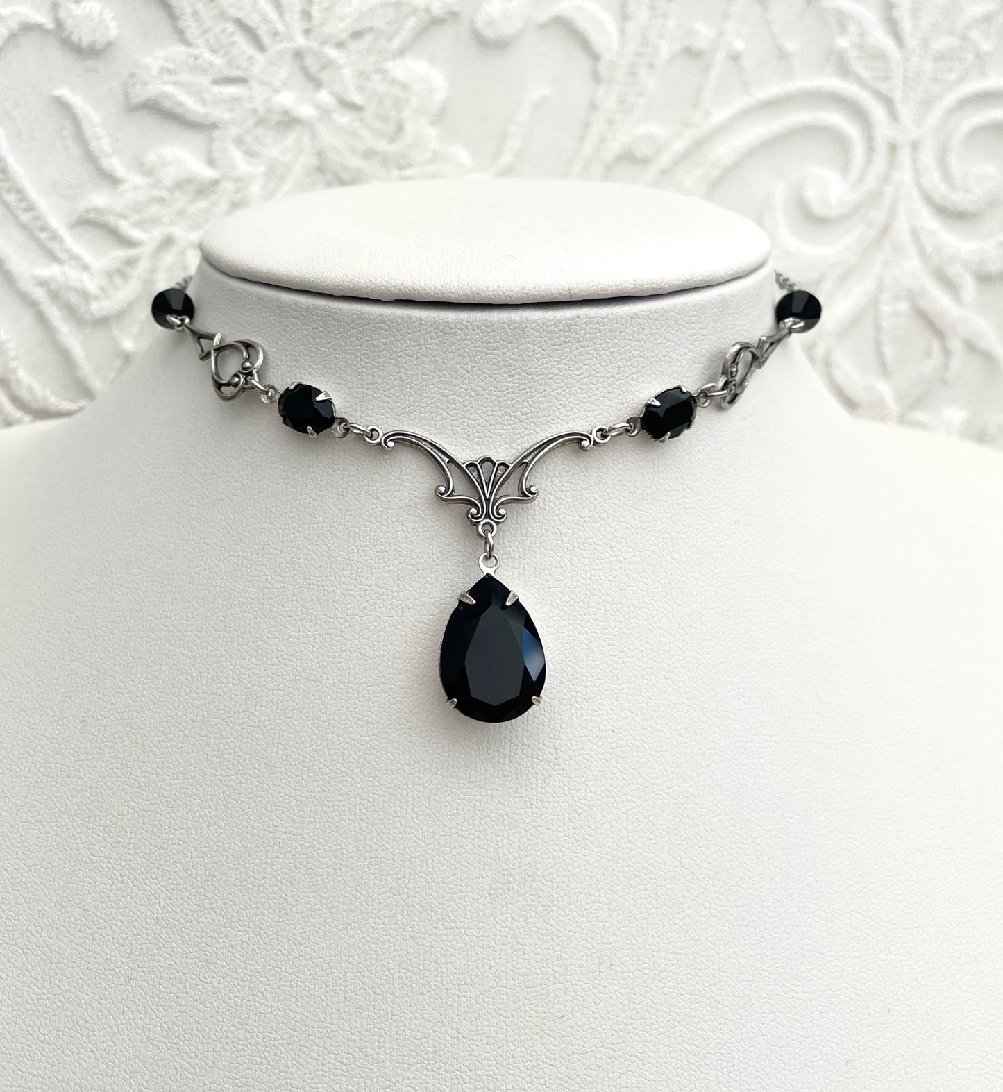 'Vesper' Necklace - Black Glass Drop Necklace - Silver