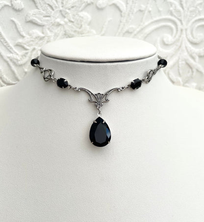 'Vesper' Necklace - Black Glass Drop Necklace - Silver