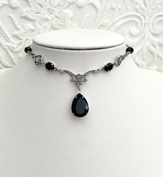 'Vesper' Necklace - Black Glass Drop Necklace - Silver