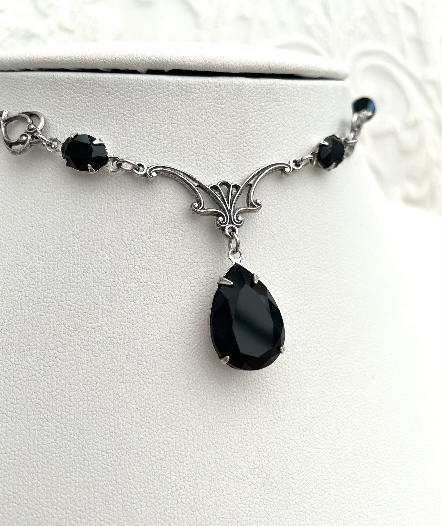 'Vesper' Necklace - Black Glass Drop Necklace - Silver