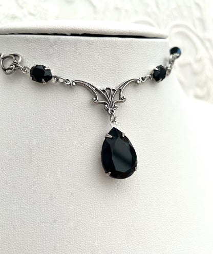 'Vesper' Necklace - Black Glass Drop Necklace - Silver