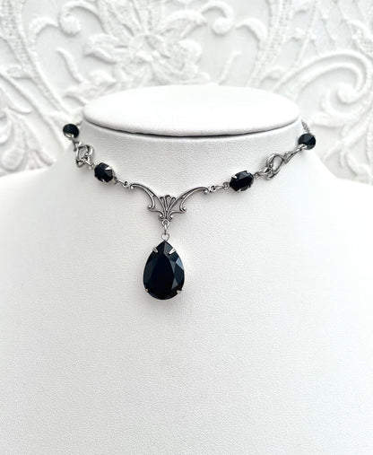 'Vesper' Necklace - Black Glass Drop Necklace - Silver