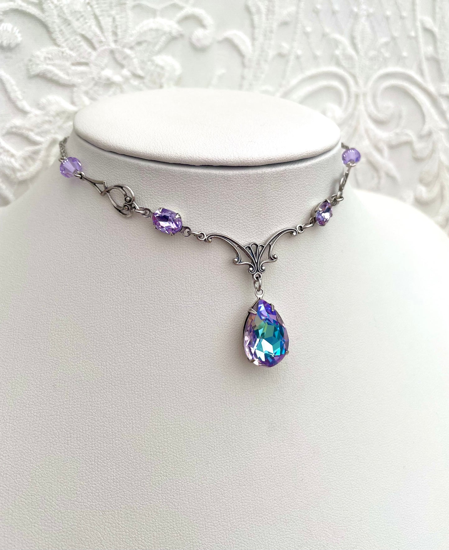 'Vesper' Necklace - Lavender Blue Ombre Glass Drop Necklace - Silver