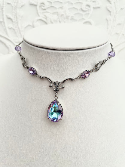 'Vesper' Necklace - Lavender Blue Ombre Glass Drop Necklace - Silver