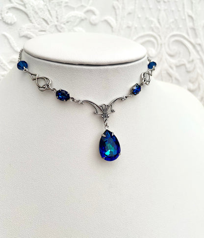 'Vesper' Necklace - Dark Blue Glass Drop Necklace - Silver