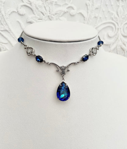 'Vesper' Necklace - Dark Blue Glass Drop Necklace - Silver