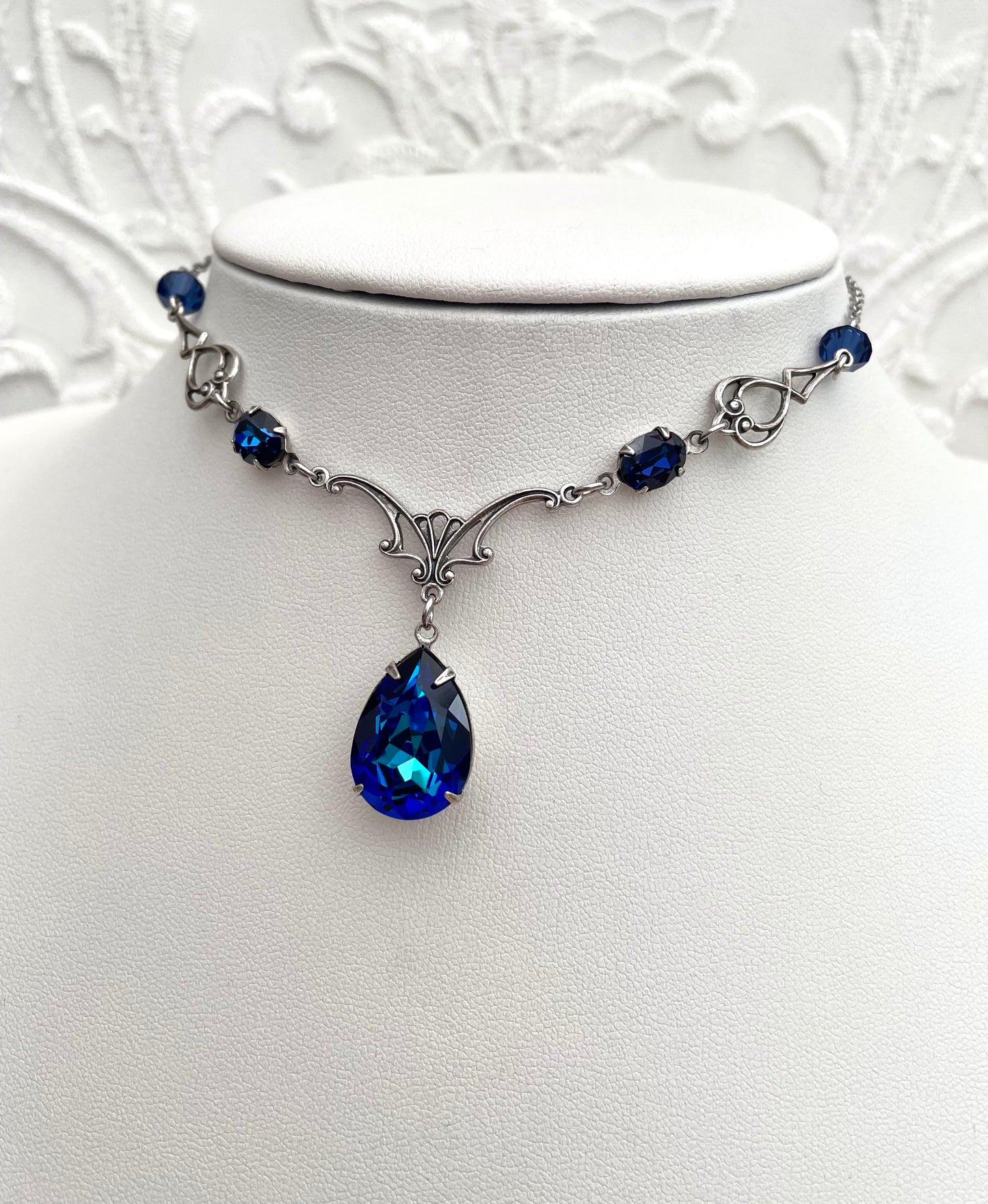 'Vesper' Necklace - Dark Blue Glass Drop Necklace - Silver