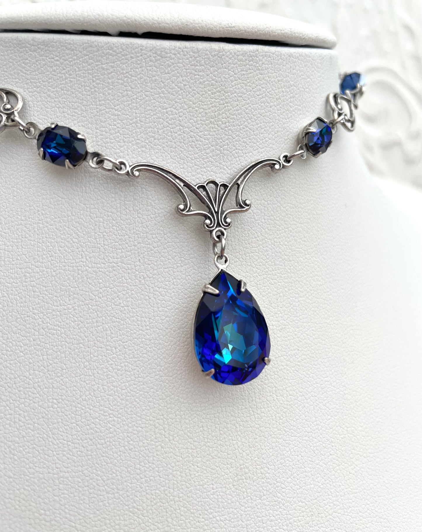 'Vesper' Necklace - Dark Blue Glass Drop Necklace - Silver