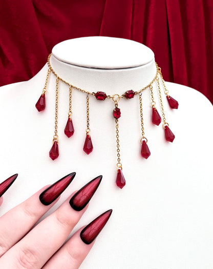 'Bloodlust' Necklace - Red Droplet Necklace - Gold Plated Steel