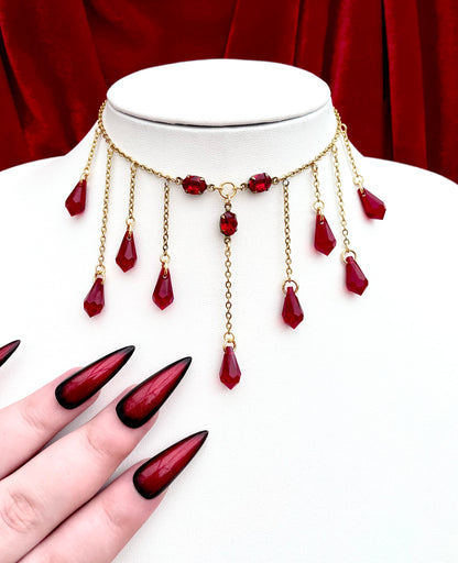 'Bloodlust' Necklace - Red Droplet Necklace - Gold Plated Steel