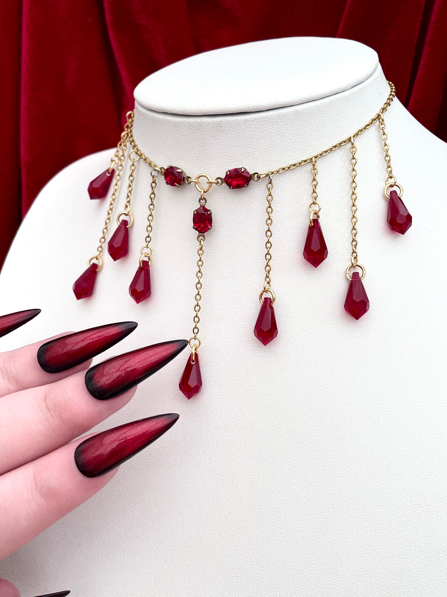 'Bloodlust' Necklace - Red Droplet Necklace - Gold Plated Steel