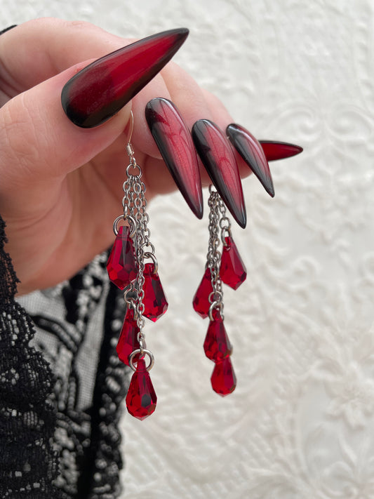 'Bloodlust' Earrings - Red Droplet Earrings - Silver