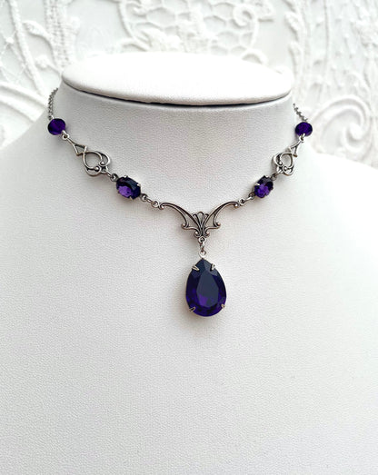 'Vesper' Necklace - Dark Purple Glass Drop Necklace - Silver