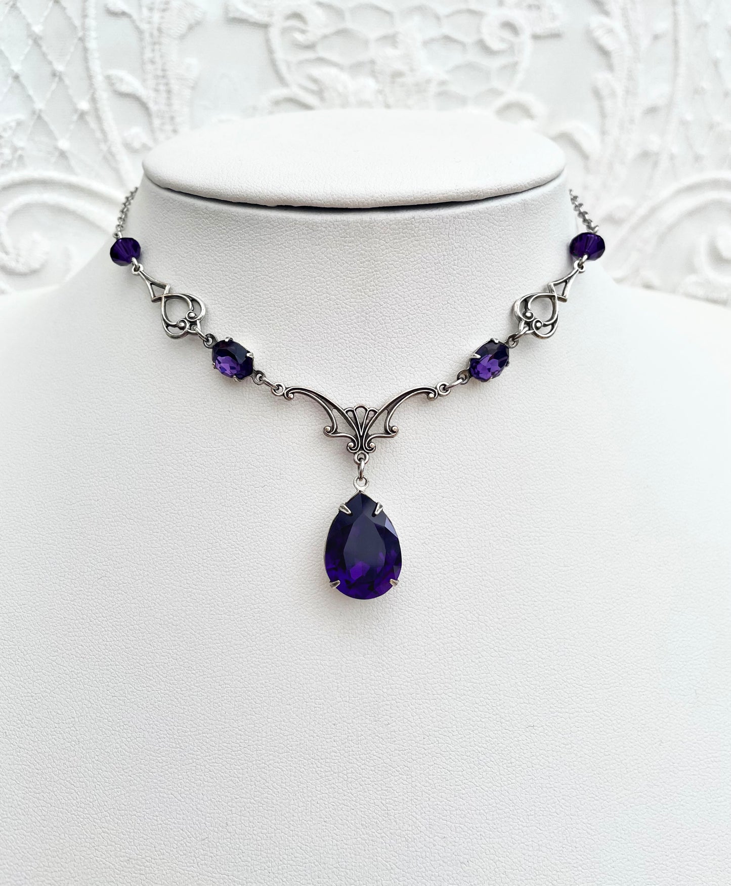 'Vesper' Necklace - Dark Purple Glass Drop Necklace - Silver