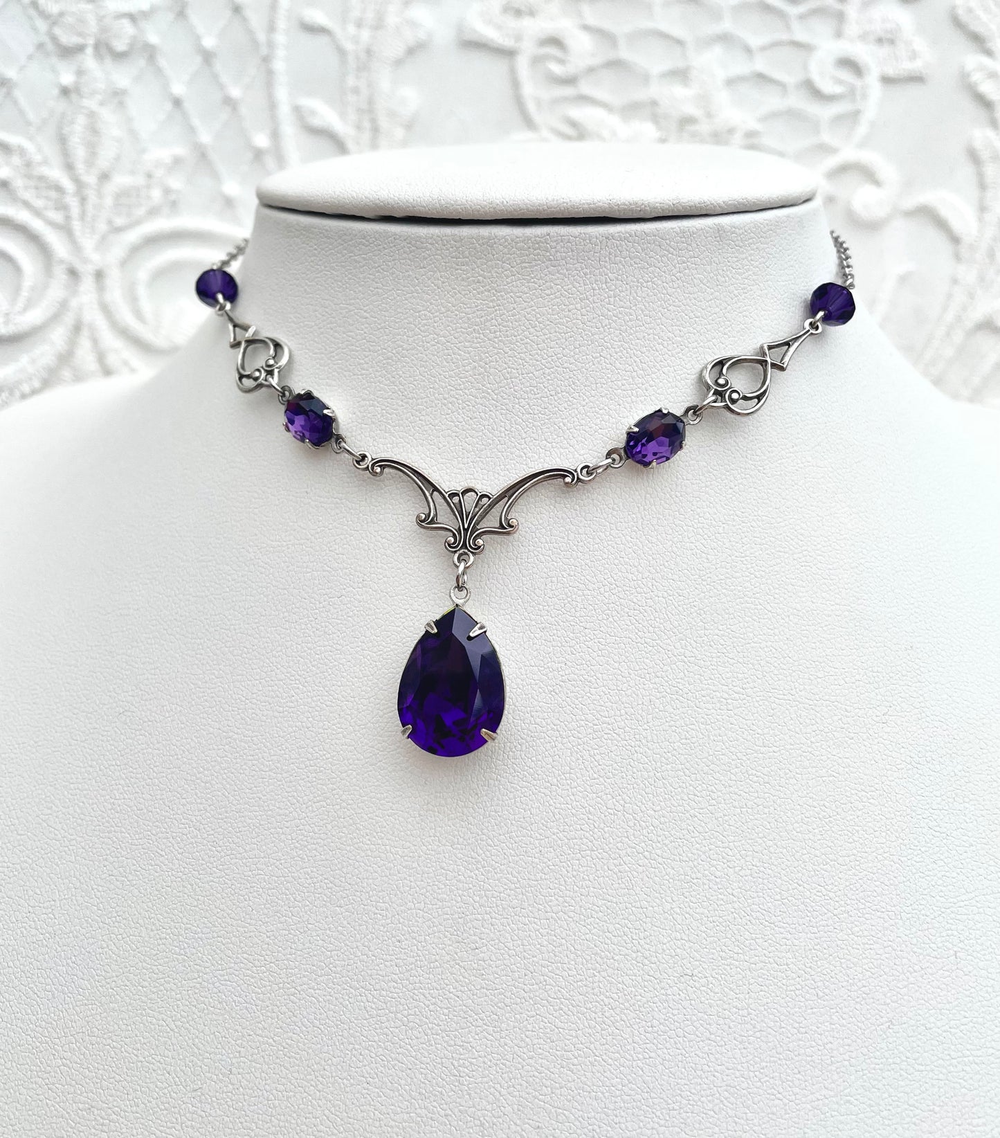 'Vesper' Necklace - Dark Purple Glass Drop Necklace - Silver