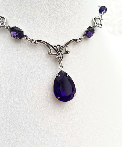 'Vesper' Necklace - Dark Purple Glass Drop Necklace - Silver