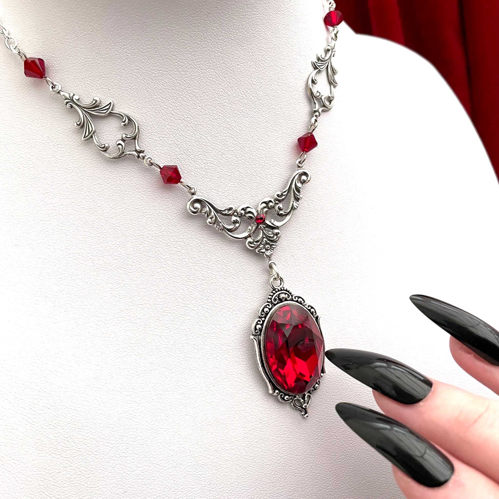 Gothic drop necklace, red drop necklace, necklace with red drops, silver necklace with drops, gothic necklace, goth necklace, goth jewellery, goth jewelry, vampire necklace, vampire choker, vampire drop necklace, blood drop necklace, blood drop choker, bl