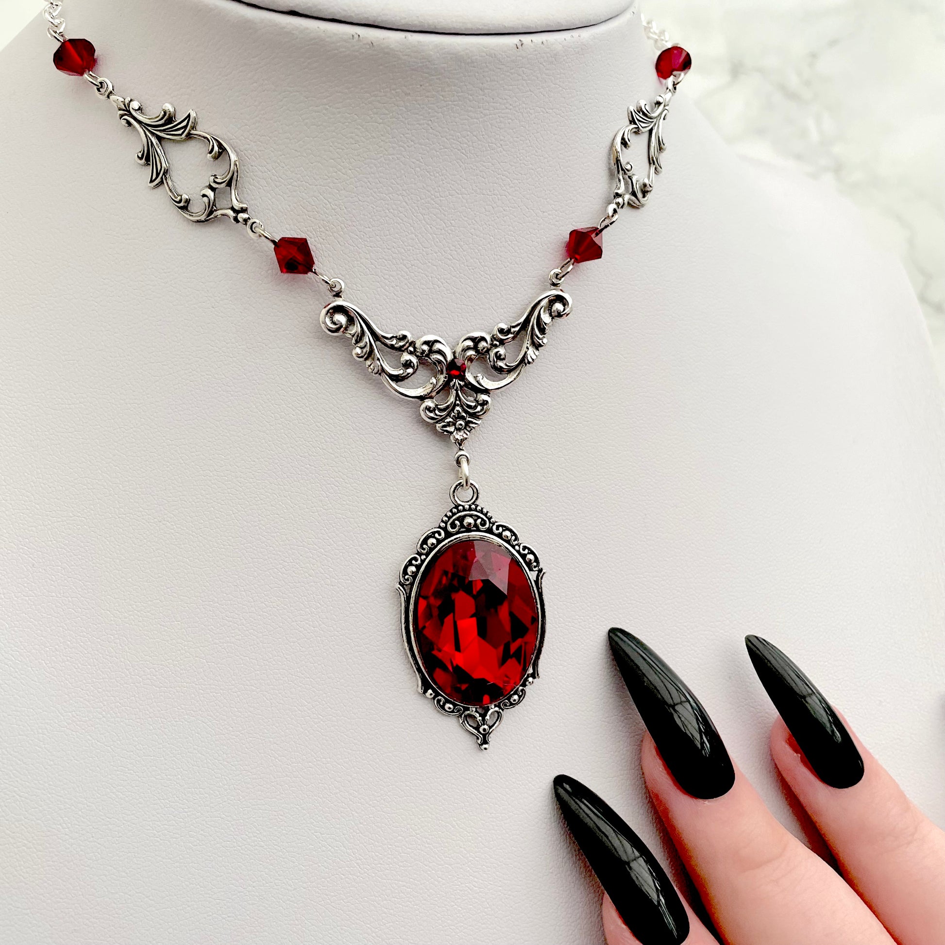 Gothic drop necklace, red drop necklace, necklace with red drops, silver necklace with drops, gothic necklace, goth necklace, goth jewellery, goth jewelry, vampire necklace, vampire choker, vampire drop necklace, blood drop necklace, blood drop choker, bl