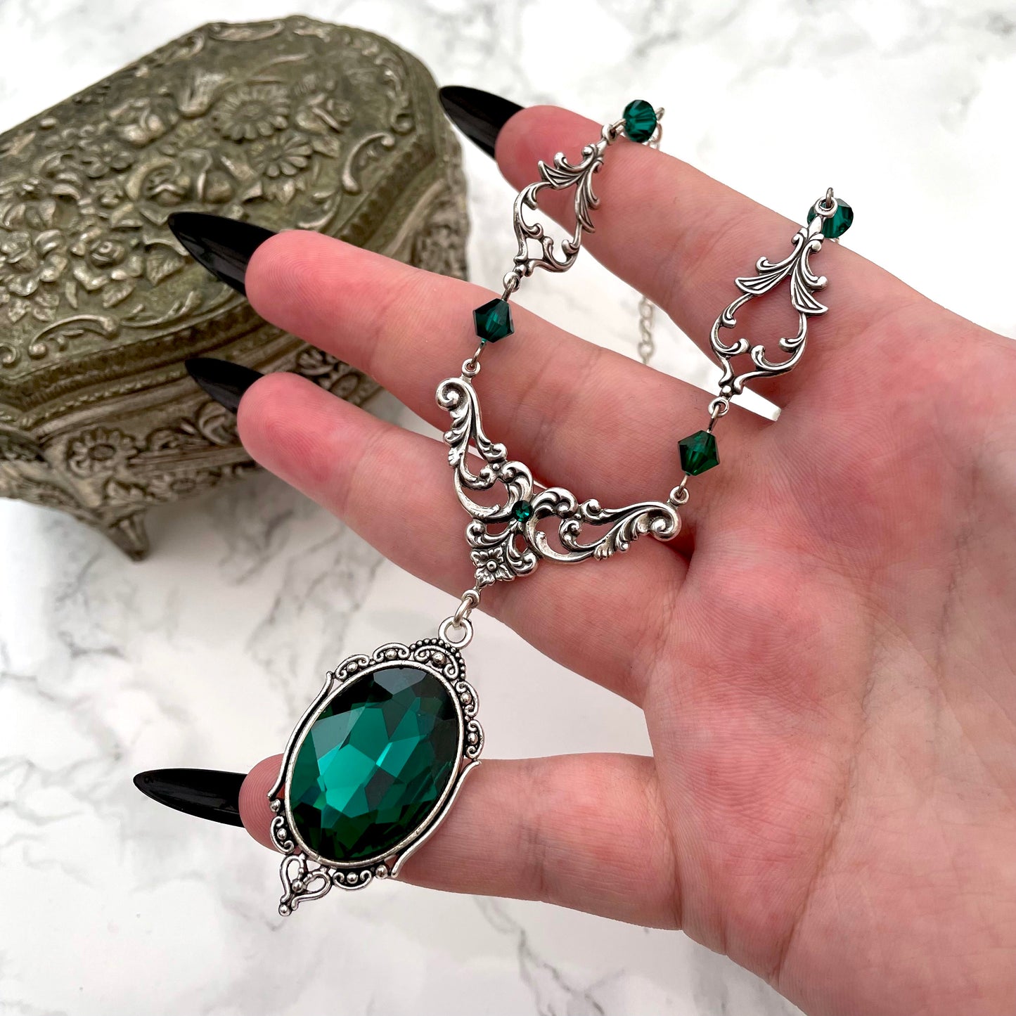 Emerald necklace, gothic emerald necklace, green and silver necklace, Slytherin necklace, Slytherin jewellery, Slytherin jewelry, victorian gothic necklace, victorian goth, victorian gothic necklace green, green gothic necklace, necklace with green jewels