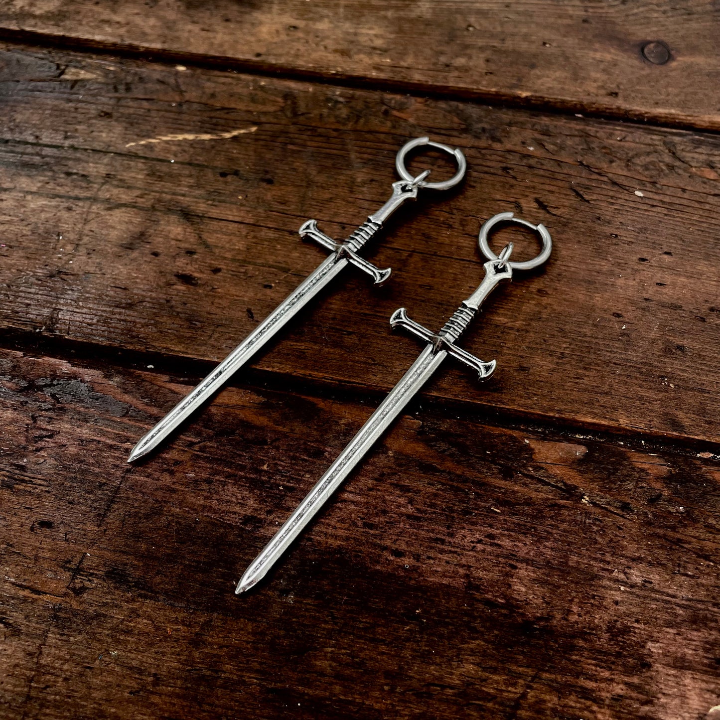 Silver Tone Sword Earrings