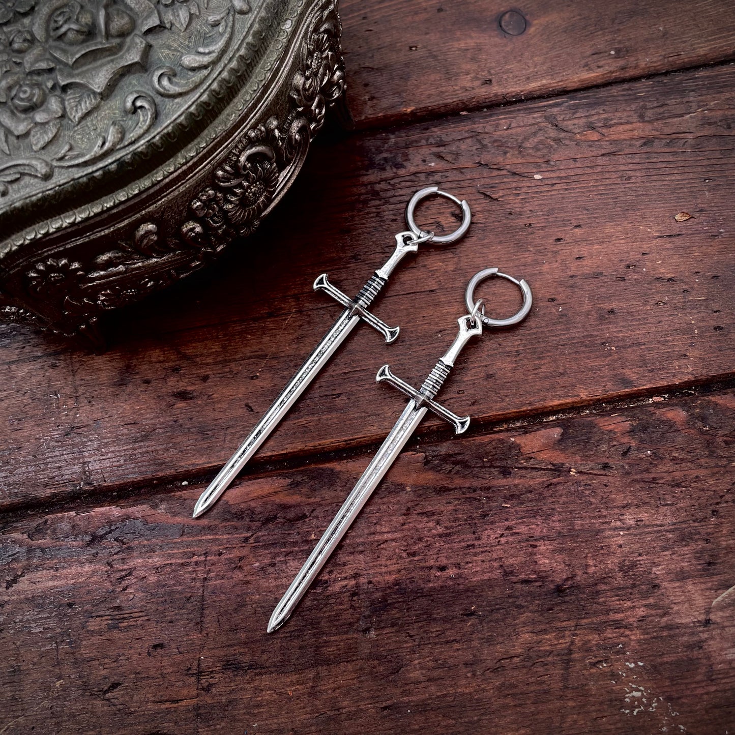 Silver Tone Sword Earrings