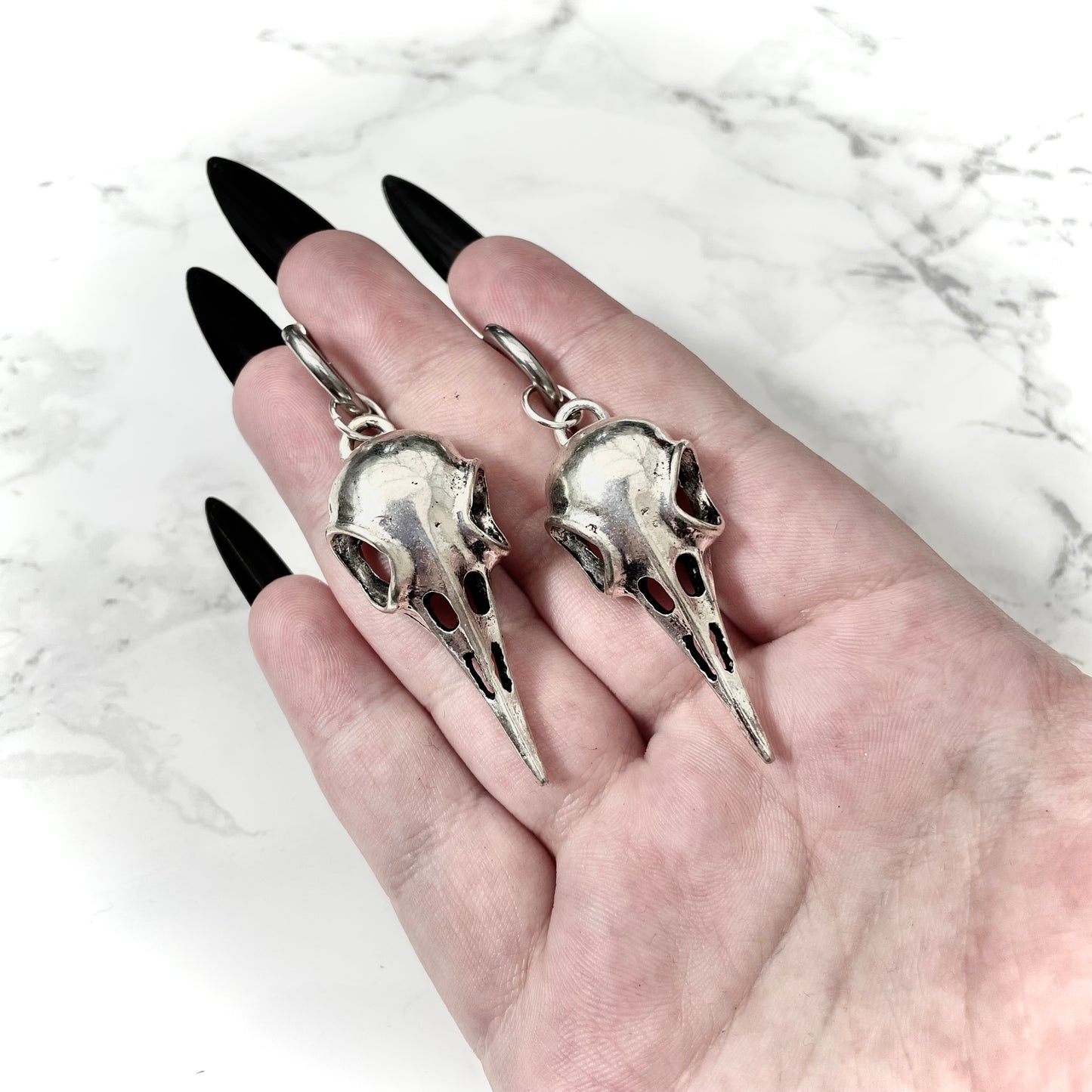 Silver Tone Crow Skull Earrings